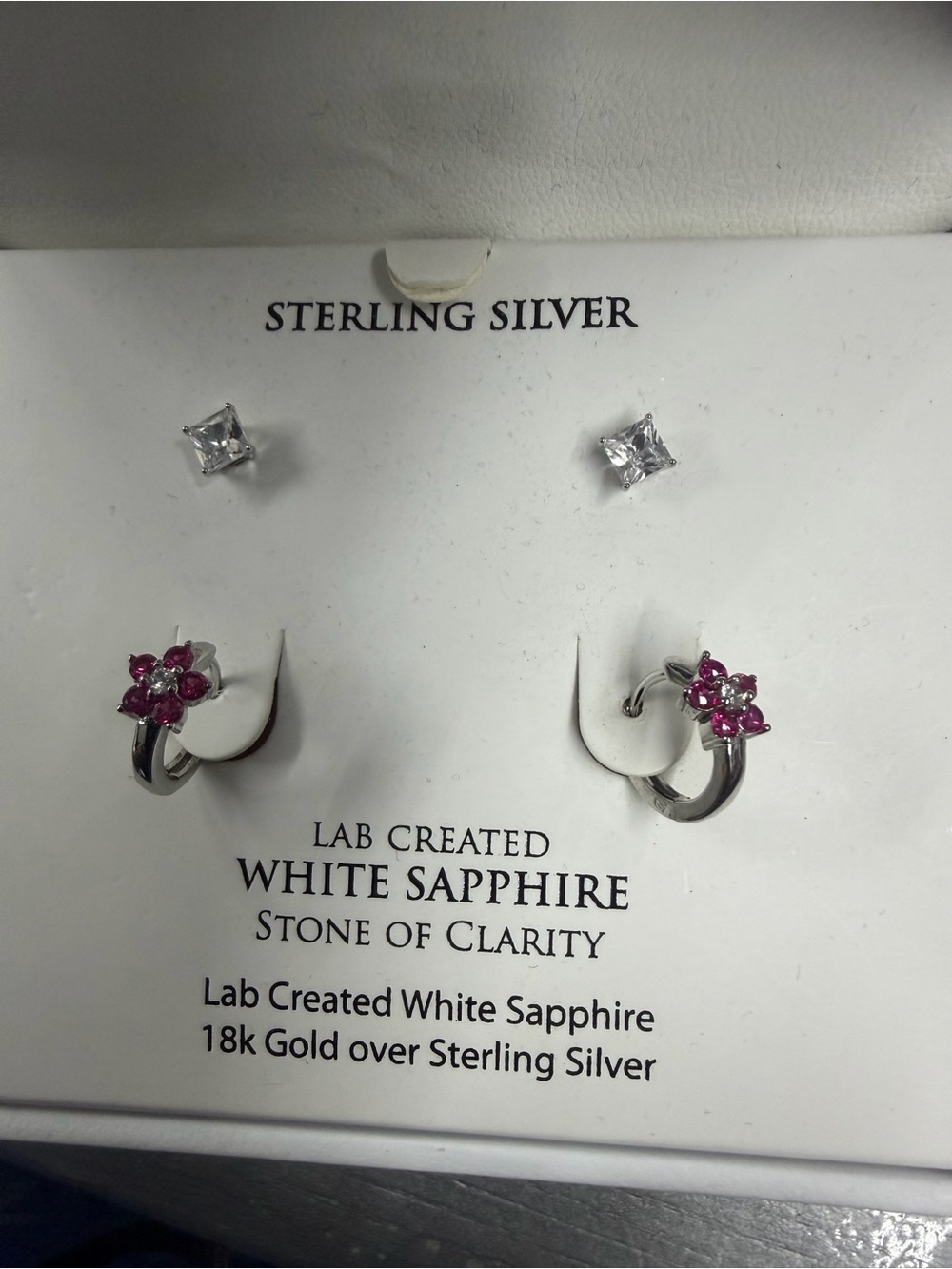 Macy's Sterling Silver Pink Flower Hoop Earrings with White Square Studs